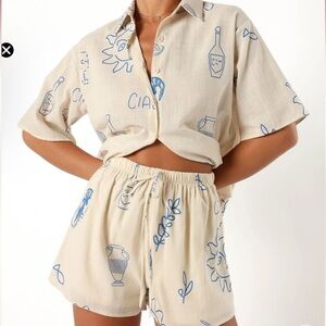 Petal & Pup Beige Set with Blue Graphic Print Size Medium